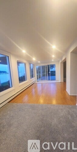 A long, narrow room with wooden floors and a carpet in the foreground.