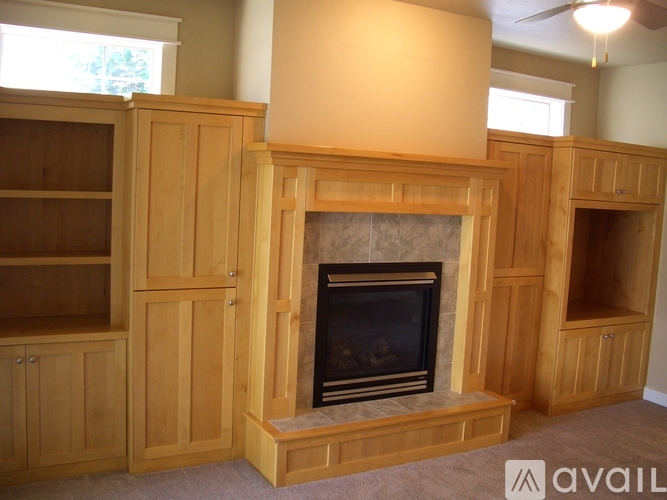 A living room with a fireplace and built-in shelves.