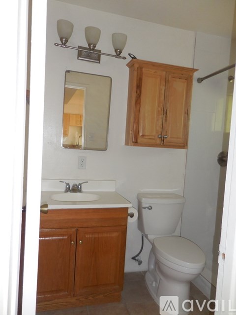 A bathroom with a toilet, sink and wooden cabinets.