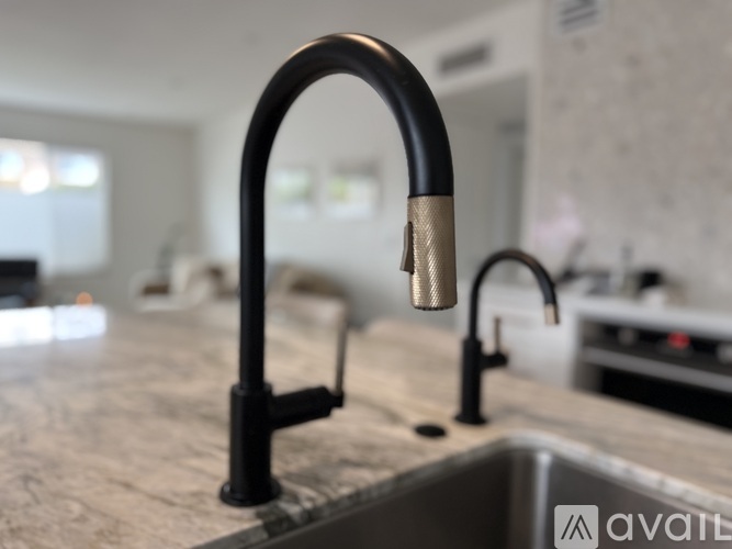 A kitchen sink with a black faucet and a brass handle.