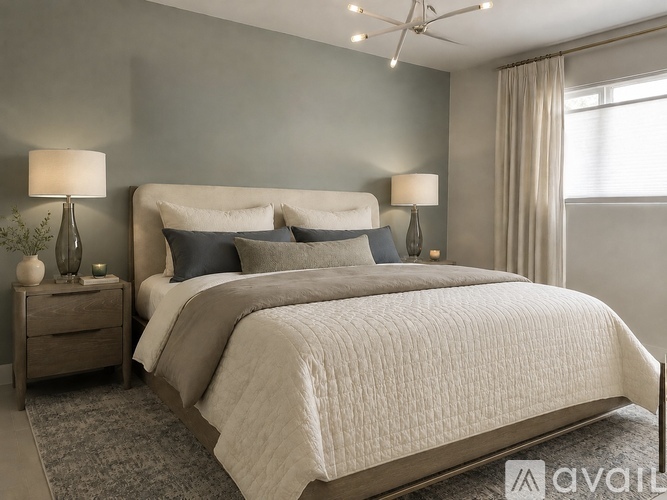 A bedroom with a large bed, two lamps, and a nightstand.