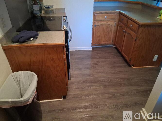 A kitchen with wooden cabinets and a countertop with a towel on it.