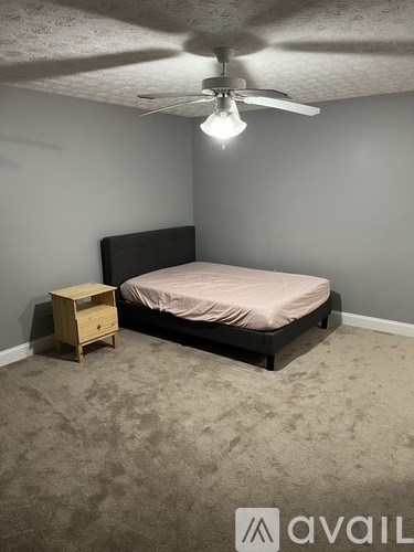 A bedroom with a bed, a ceiling fan, and a nightstand.