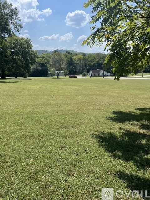 A grassy field with trees and a house in the distance.