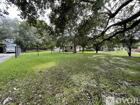 A grassy area with trees and a fence in the background.