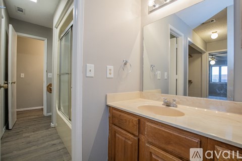 A bathroom with a sink, mirror, and a shower.
