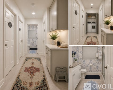 A series of images showcasing a well-decorated, spacious kitchen and bathroom.