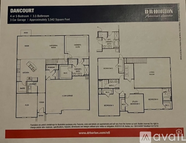 A floor plan for a property by DR Horton shows a 3 bedroom, 3.5 bathroom home with a garage.