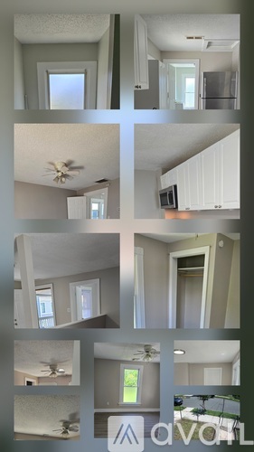 A collage of interior photos showing a kitchen, living room, and bedroom.