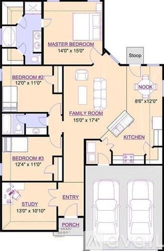 A floor plan of a house with a master bedroom, two other bedrooms, a family room, kitchen, study, and two porches.