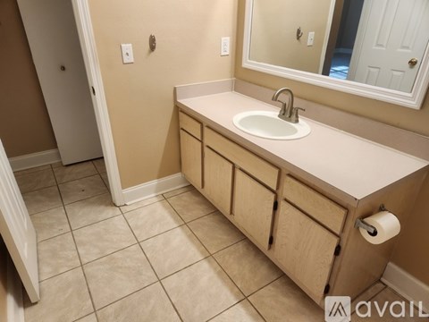 A bathroom with a sink, mirror, and wooden cabinets.