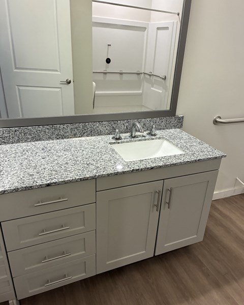 A bathroom with a sink and a mirror.