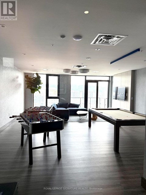 A pool table is in the middle of a room with a couch and a plant.