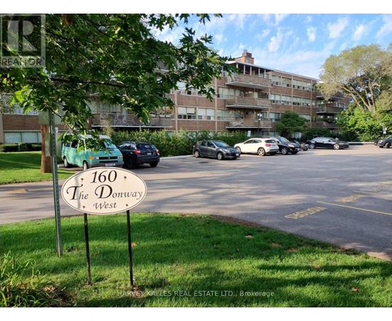 A parking lot with cars and a sign that says "160 The Donway West".