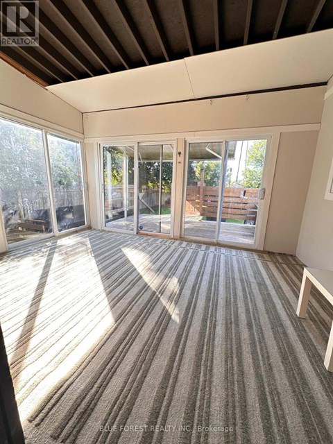 A sunny room with striped carpeting and sliding glass doors.