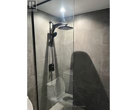 A shower area with a glass door and a white toilet.