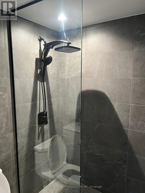 A shower area with a glass door and a white toilet.