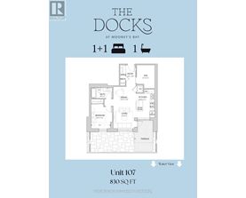 A real estate advertisement for a property called The Docks at Moon's Bay shows a floor plan for Unit 107 which is 830 square feet.