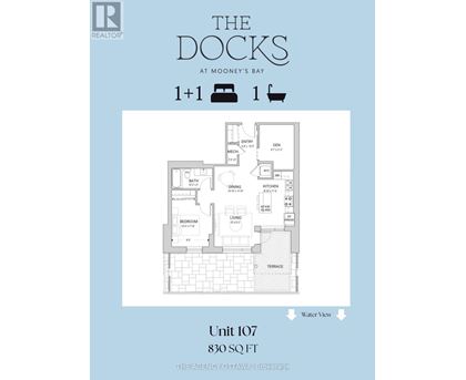 A real estate advertisement for a property called The Docks at Moon's Bay shows a floor plan for Unit 107 which is 830 square feet.