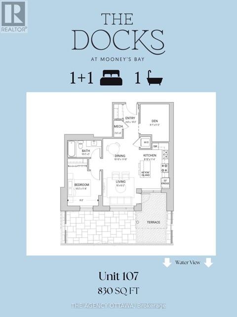 A real estate advertisement for a property called The Docks at Moon's Bay shows a floor plan for Unit 107 which is 830 square feet.