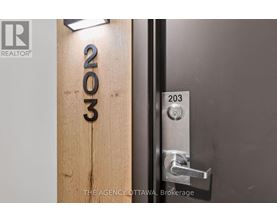 A door with the number 203 on it is slightly ajar.