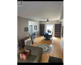 A living room with a grey couch and a rug.