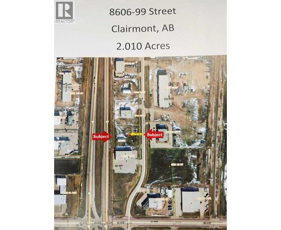An aerial view of a property at 8606-99 Street, Clairmont, AB, covering 2.010 Acres.