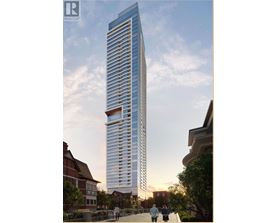 A tall, modern glass building is depicted in an architectural rendering.