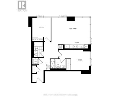 A black and white floor plan of a home with a living room, dining room, kitchen, and two bedrooms.