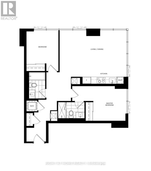 A black and white floor plan of a home with a living room, dining room, kitchen, and two bedrooms.