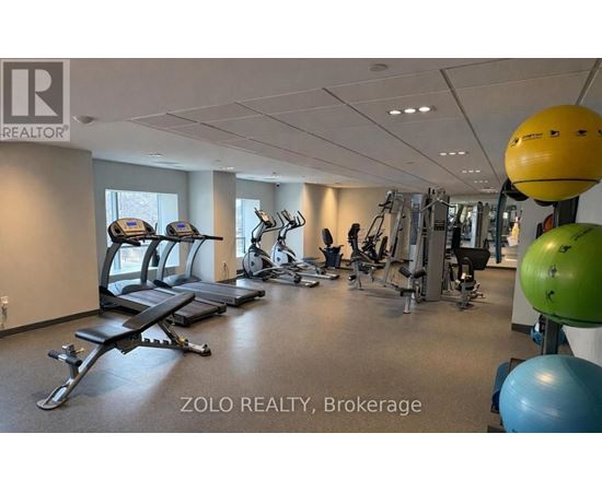 A gym with a variety of equipment including treadmills, weights, and exercise balls.