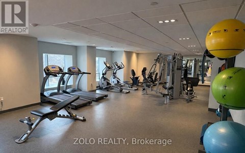 A gym with a variety of equipment including treadmills, weights, and exercise balls.
