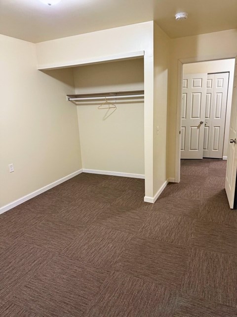 A room with a brown carpet and a white door.