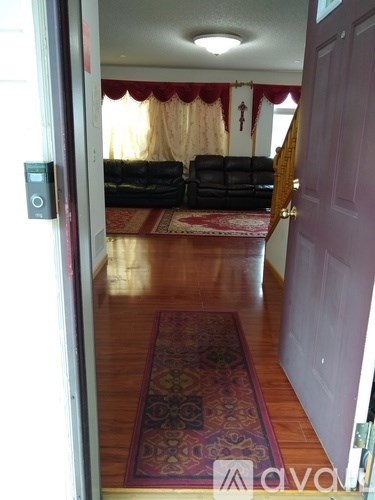 A hallway with a rug and a closed door.