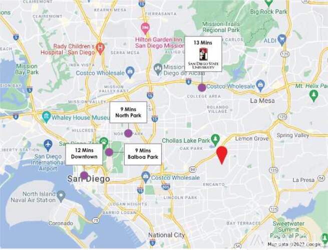 A map of San Diego with a red pin marking a specific location.