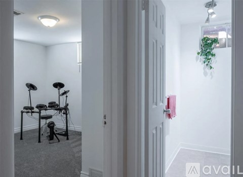 A room with a white door, a table with chairs and a plant hanging on the wall.