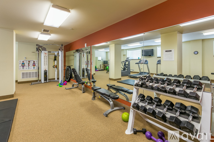 A gym with a variety of equipment including dumbbells, weight machines, and a bench press.