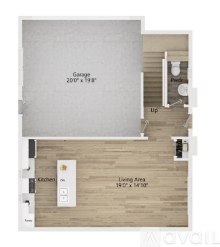 A floor plan shows a garage, kitchen, and living area.