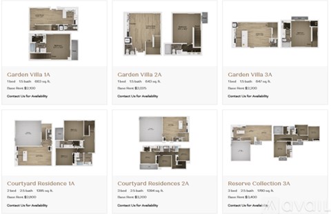A webpage displays various floor plans for Garden Villa and Courtyard Residence with their respective dimensions and prices.