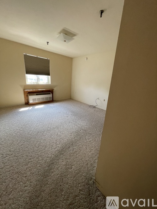 A room with a carpeted floor and a window with blinds.