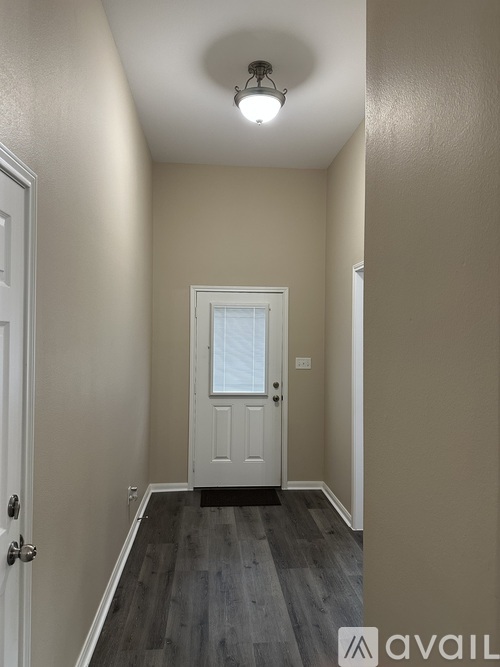 A hallway with a white door and a light on the ceiling.