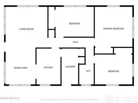 A floor plan of a house with a living room, dining area, kitchen, laundry, and three bedrooms.