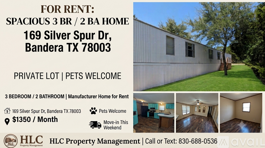 A rental sign for a 3 bedroom, 2 bathroom home at 169 Silver Spur Dr, Bandera TX 78003.
