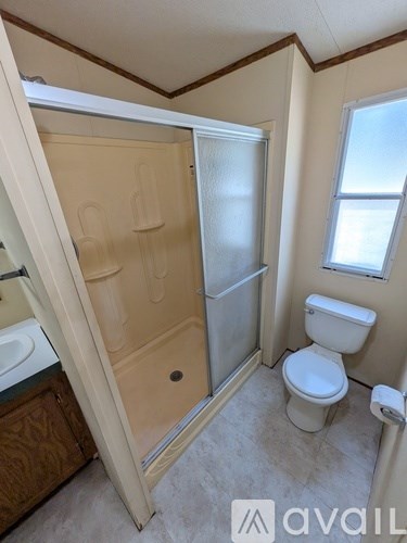 A bathroom with a toilet, sink, and shower.