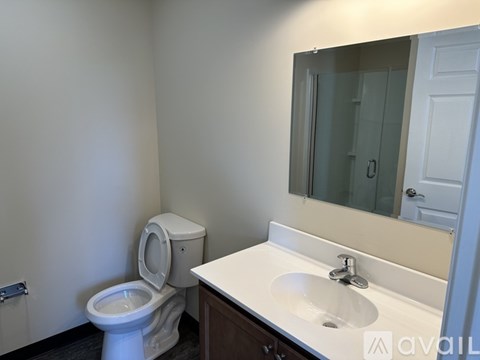A white toilet sits next to a sink in a bathroom.