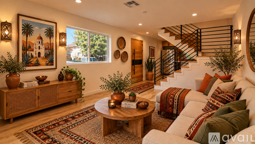 A living room with a staircase, a painting, a rug, and a wooden coffee table.