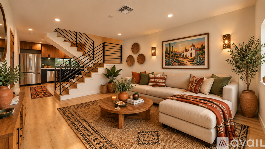 A living room with a staircase and a couch.