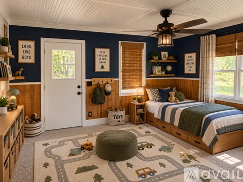 A child's bedroom with a white door and a toy car patterned rug.
