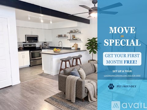 A modern kitchen with a special move in offer.