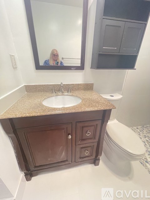 A bathroom with a sink, toilet and a mirror.